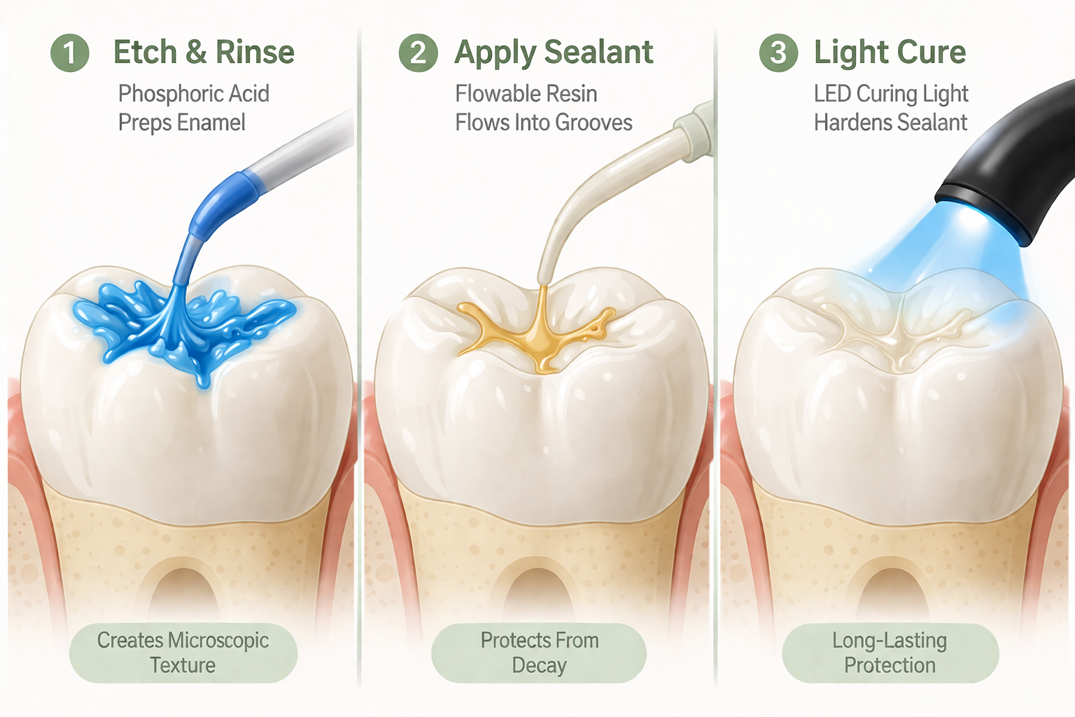 Diagram showing dental sealant process into the pits and fissures of a molar